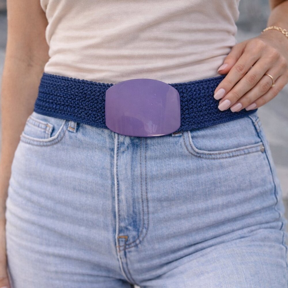 Dark Blue Elastic Crocheted Belt W/ Purple Buckle 23" Open Flat + Extra Stretch